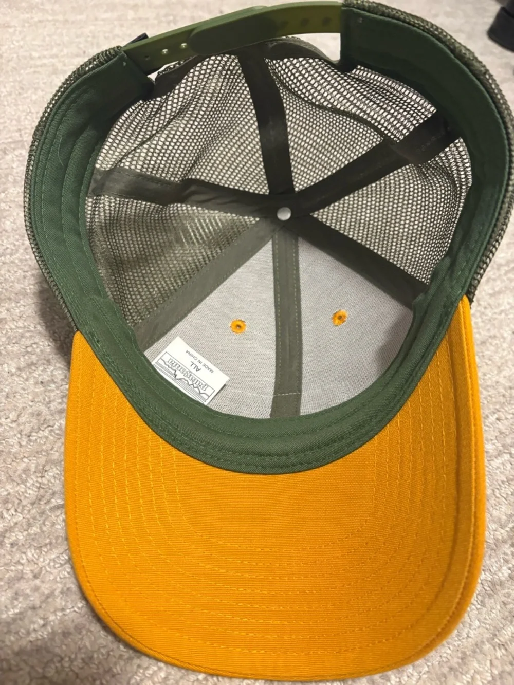 Patagonia Mustard Yellow and Olive Green Trucker Hat with Mountain Patch - Picture 4 of 4